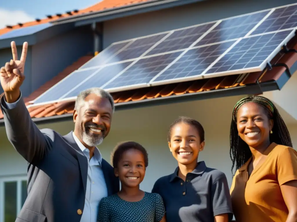 Una familia sonriente frente a su nuevo arreglo de paneles solares en el techo