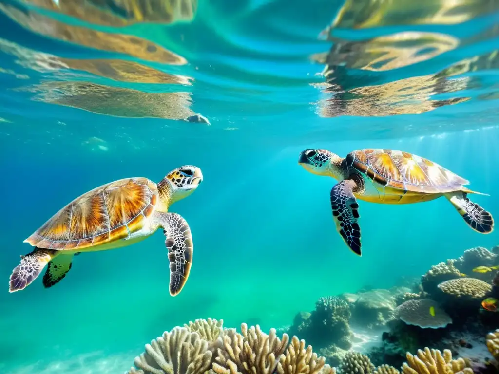 Una familia de tortugas marinas nadando con gracia entre arrecifes de coral, reflejando la luz del sol en sus caparazones iridiscentes