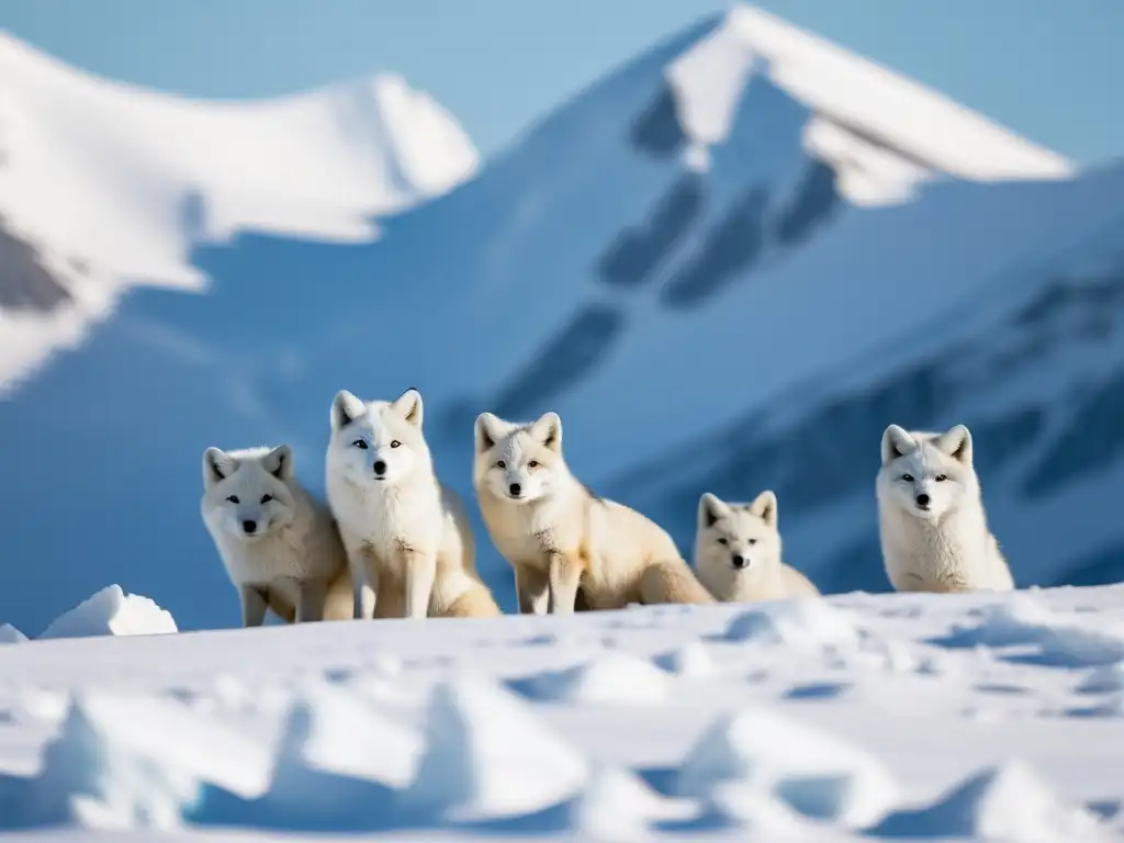 Una familia de zorros árticos majestuosos camuflados en la tundra nevada, representando la conservación de la fauna ártica en páramos