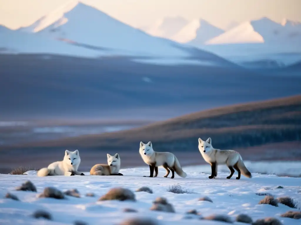 Familia de zorros árticos en la tundra nevada