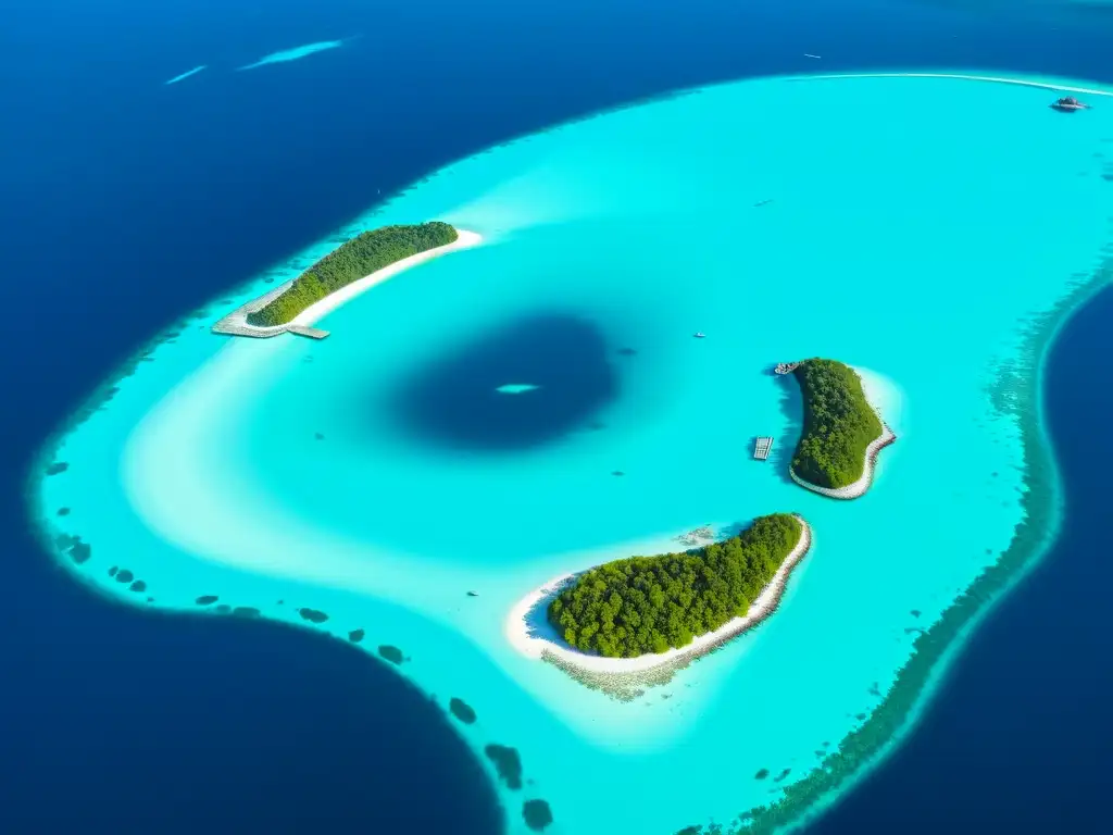 Una fascinante fotografía aérea en 8k de las Maldivas, mostrando arrecifes de coral vibrantes, aguas turquesas cristalinas y una red de islas