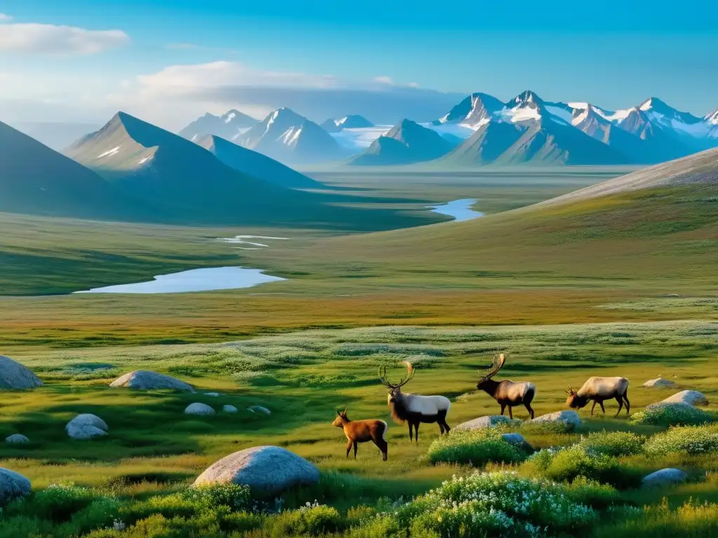 Observación de fauna en Siberia tundra: Panorama detallado de la vasta tundra siberiana con flora, fauna y cielo etéreo