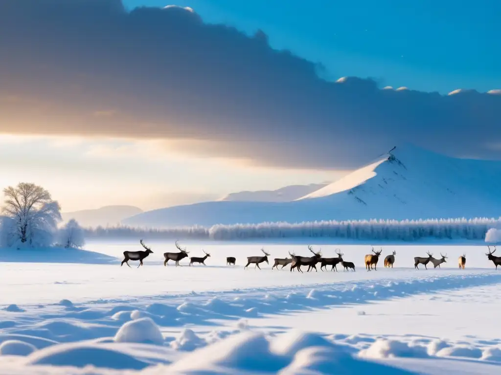 Observación de fauna en la tundra siberiana: majestuosos renos pastando en la vasta nieve, mientras un oso solitario se perfila en la distancia