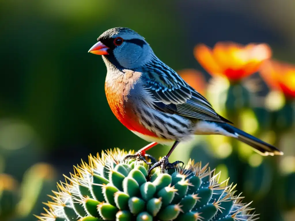 Fauna única de Galápagos: Detallada imagen de un pinzón de las Galápagos en un cactus, con plumaje vibrante y un pico único