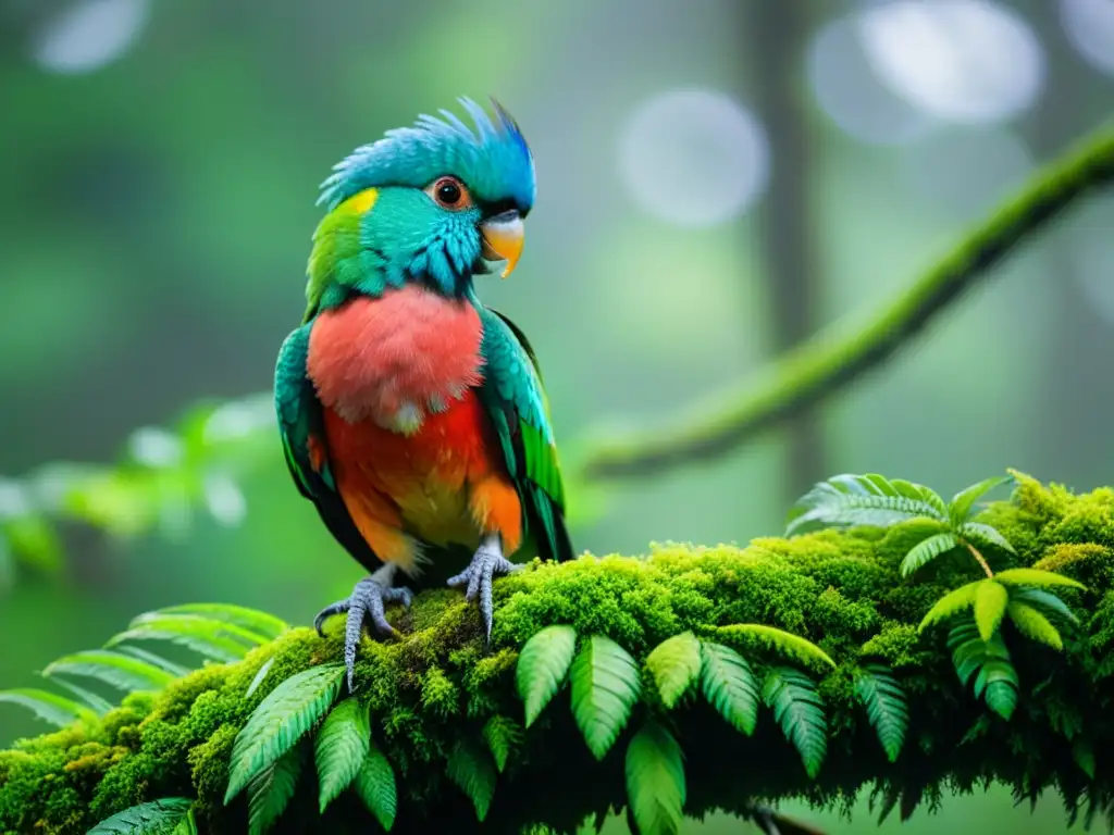 Fauna única: quetzal vibrante en bosque nublado, plumaje iridiscente, atmósfera mística y exuberante