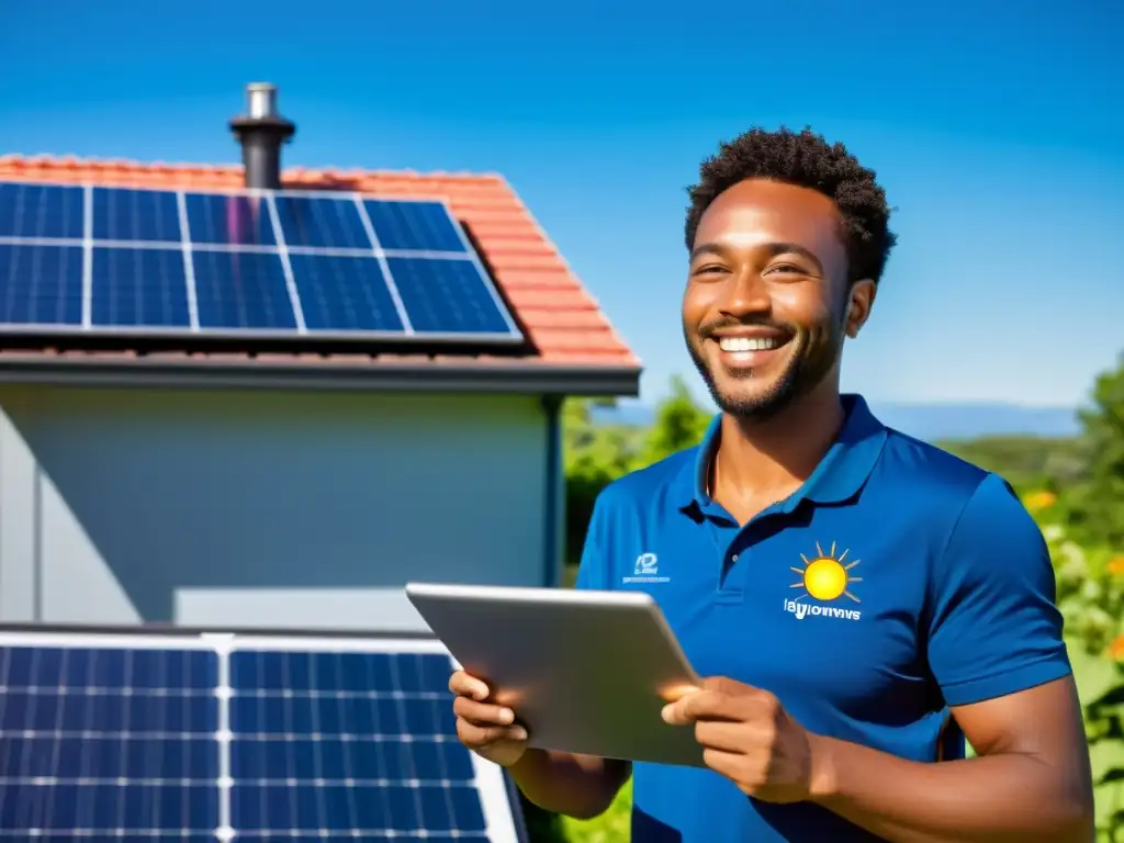 Una feliz propietaria junto a su nuevo sistema de paneles solares, revisando datos en su tablet