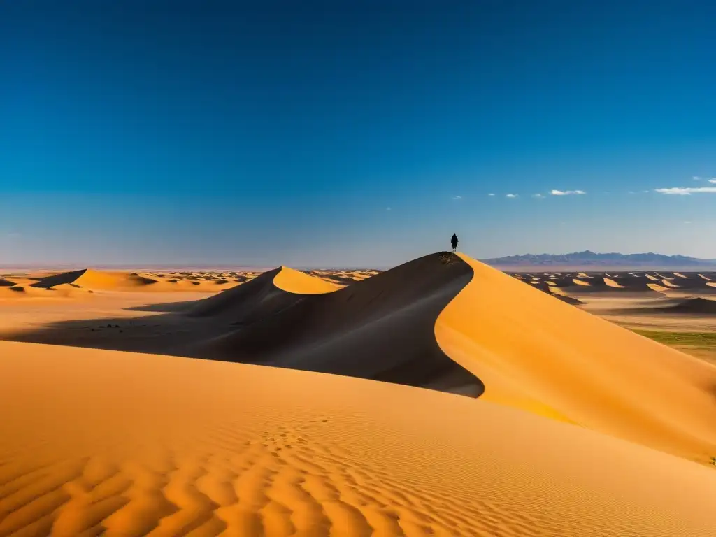 Figura solitaria escucha sonidos naturales desierto Gobi en vasto paisaje dorado y misterioso