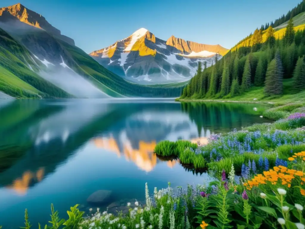 Filtros fotografía capturar belleza natural: Imagen de un paisaje natural sereno y virgen con lago de montaña, picos nevados y flores vibrantes