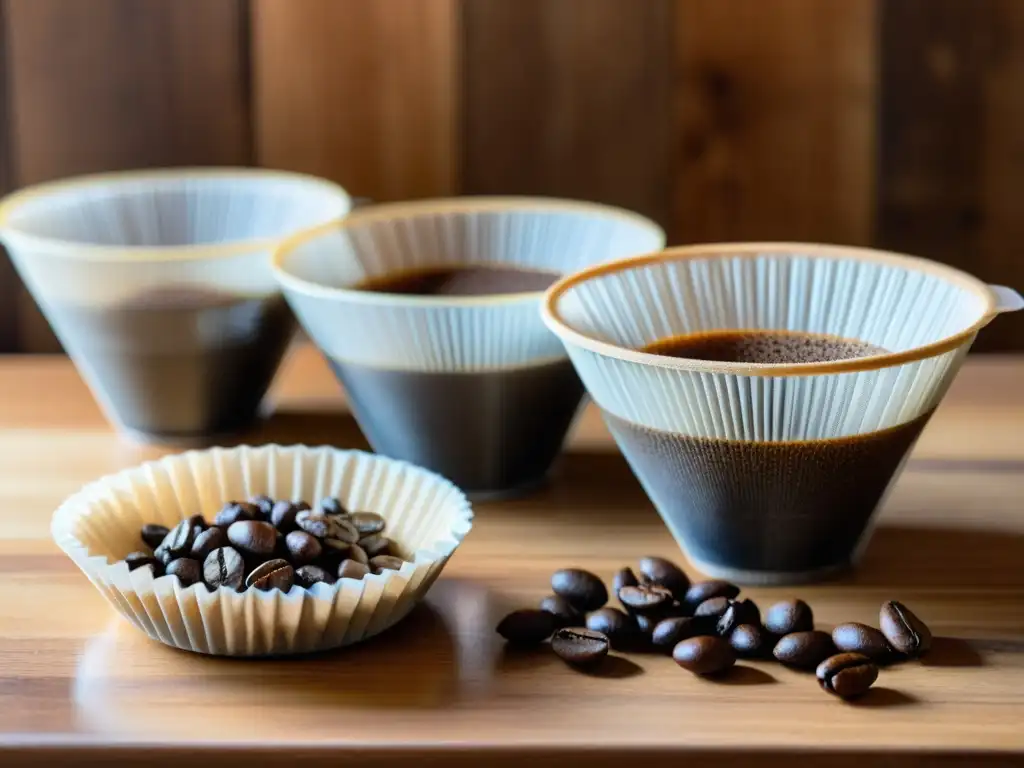 Tres filtros de café reutilizables ecológicos en una mesa rústica, rodeados de granos de café y una atmósfera acogedora con luz natural