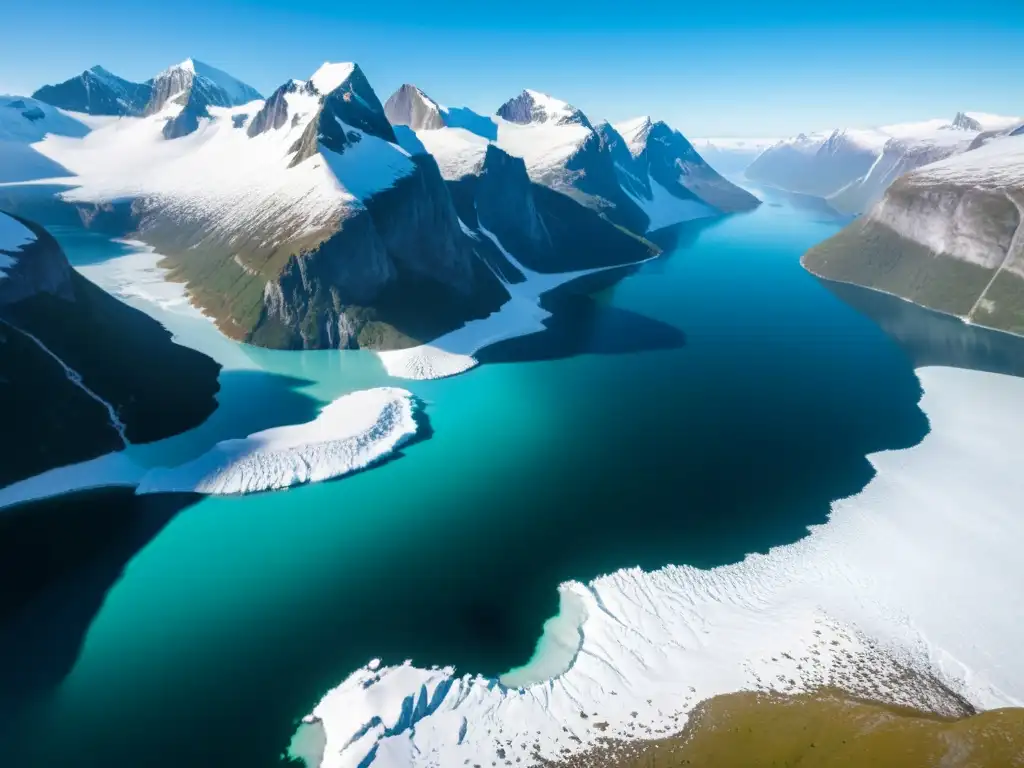 Un fiordo helado rodeado de montañas nevadas, aguas turquesas y vida silvestre, mostrando la belleza de los ecosistemas marinos de alta latitud