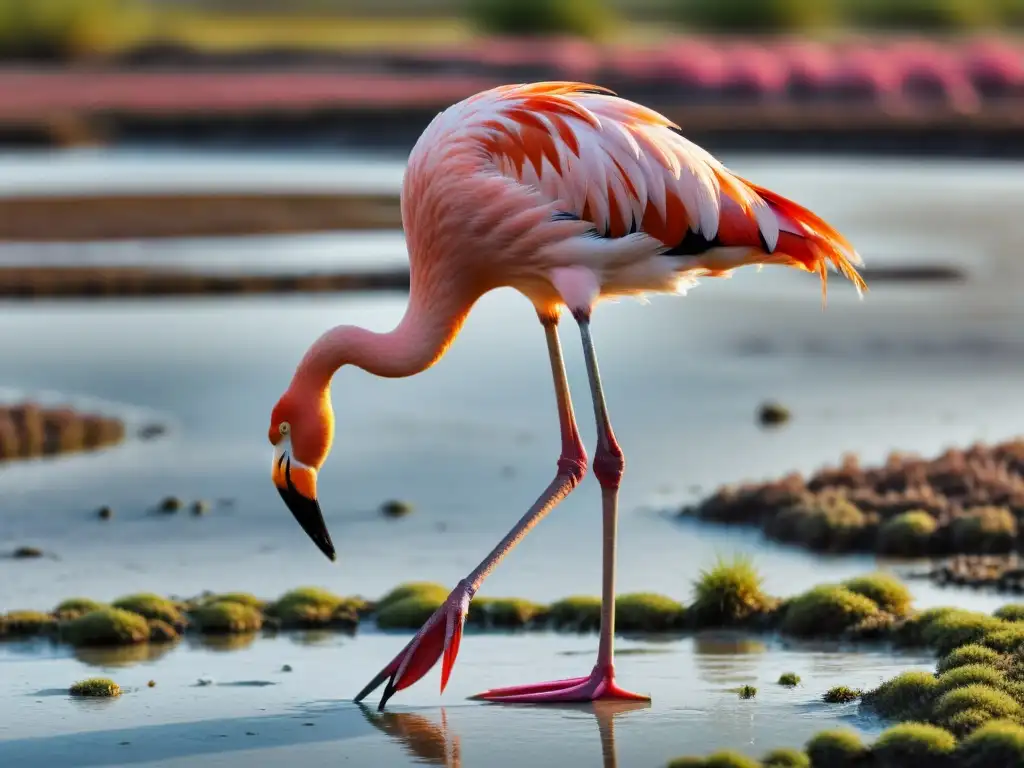 Un flamenco rosa elegante destaca en un humedal salino, mostrando adaptaciones de la vida en humedales salinos