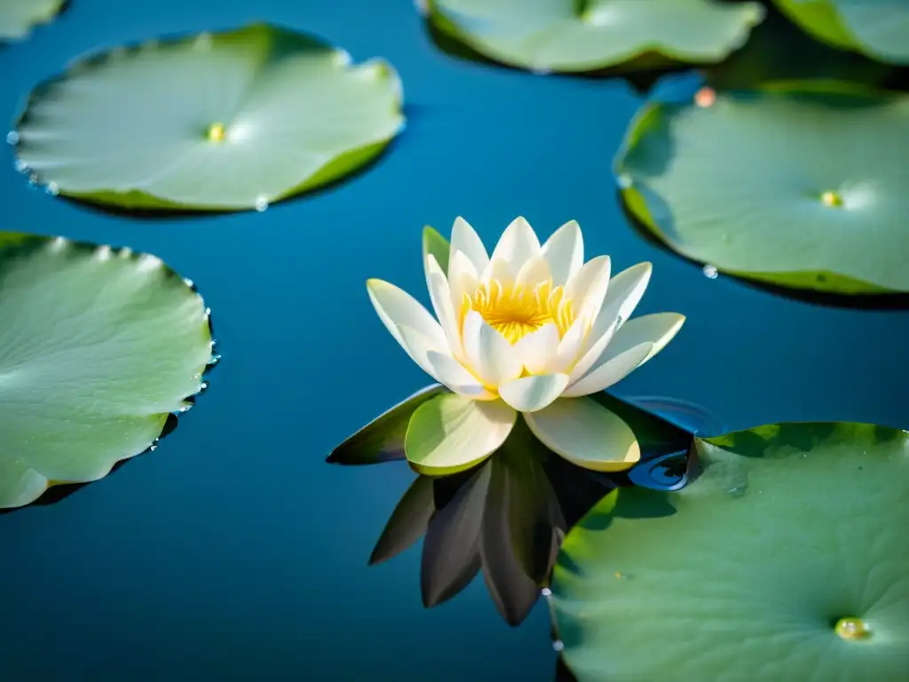 Una flor de loto emerge del agua del pantano, rodeada de lirios y reflejos del cielo