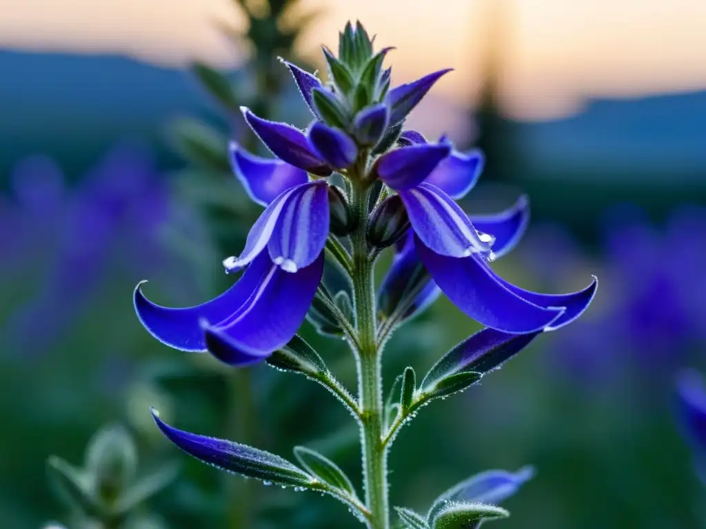 Una flor de romero morado con rocío, en un paisaje mediterráneo sereno