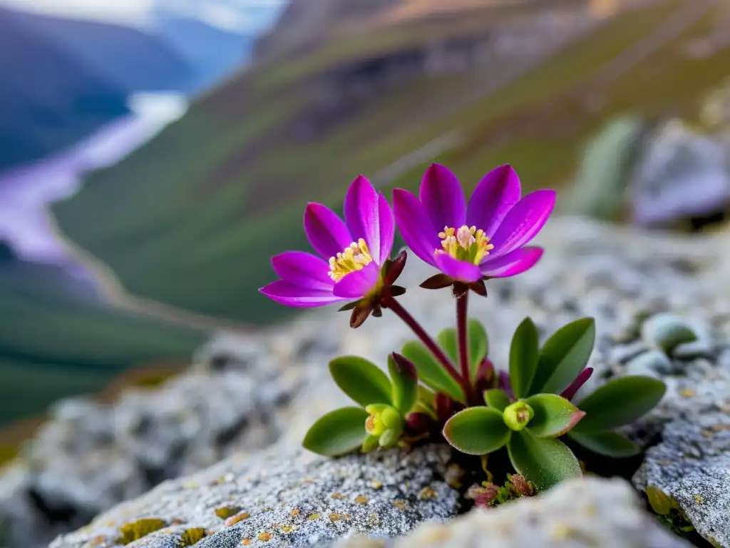 Una flor de saxifraga morada floreciendo en un acantilado ventoso y rocoso