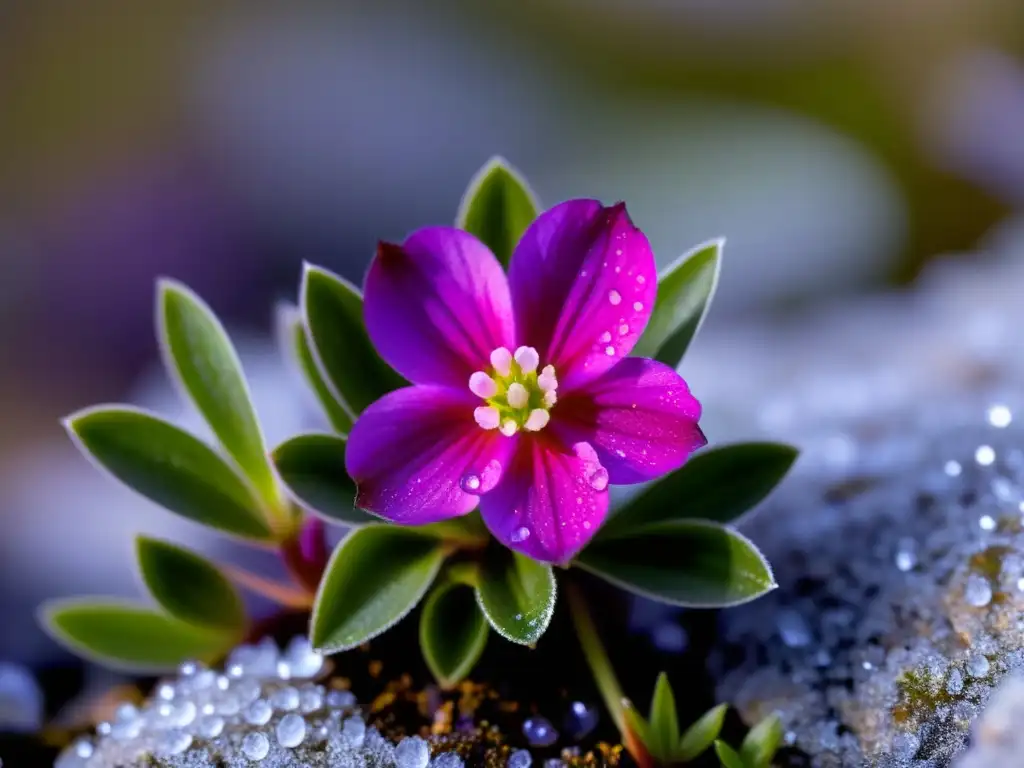 Una flor de saxífraga púrpura en un entorno alpino extremo, con gotas de agua brillantes y terreno rocoso