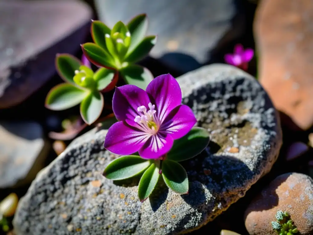 Una flor de saxifraga púrpura entre rocas en alta montaña