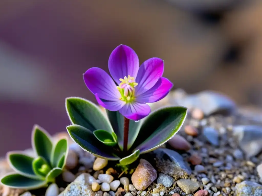 Una flor de saxífraga púrpura florece entre rocas en la cima de una montaña alta, mostrando la belleza de las plantas que florecen en zonas inhóspitas