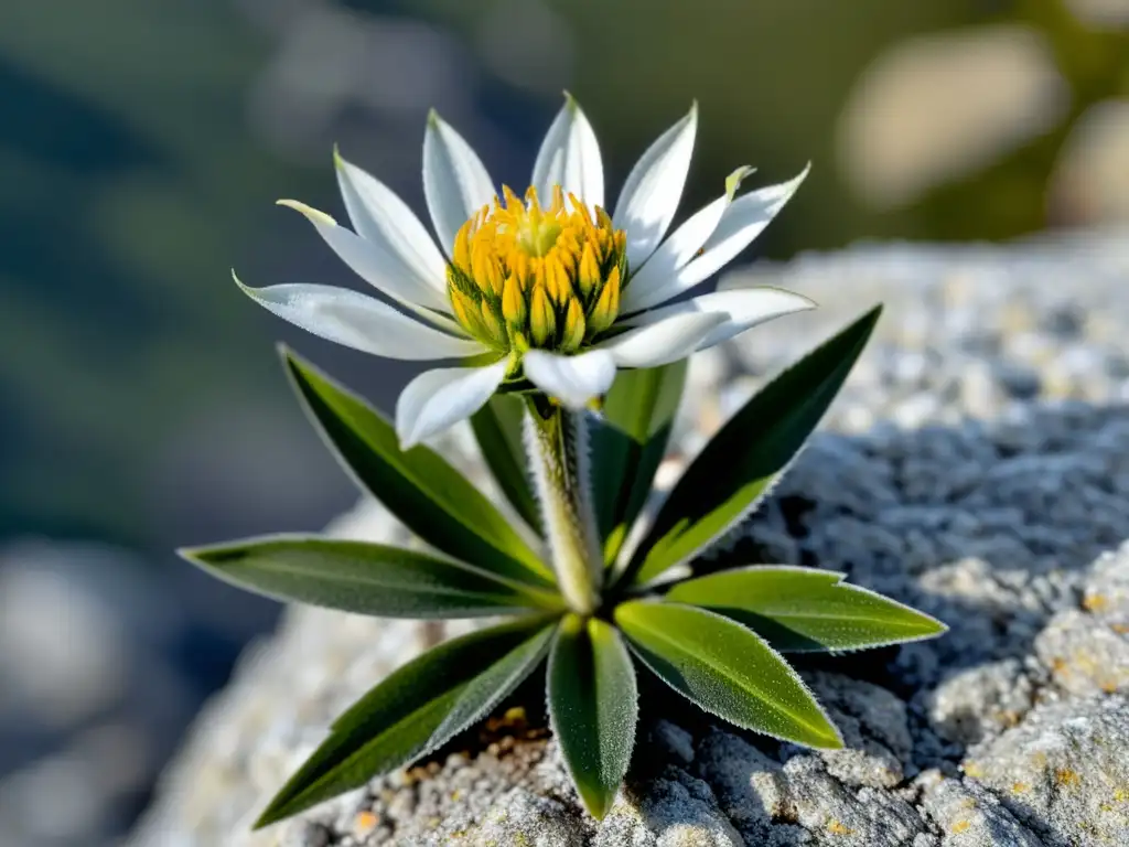 Una flor de Edelweiss vibrante y resistente crece en la cumbre de una montaña, destacando sus adaptaciones únicas a grandes altitudes