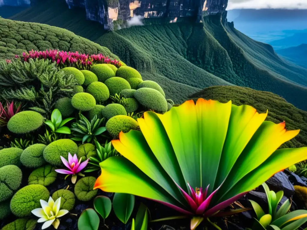 Flora distintiva de los tepuyes: cumbre del Roraima con diversidad de plantas en primer plano, destacando su belleza y resiliencia