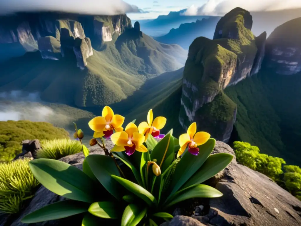 Flora distintiva de los tepuyes: Orquídeas coloridas y exóticas plantas en la cima de un tepuy venezolano, iluminadas por la luz del sol entre la niebla