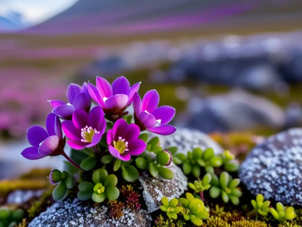 Flora medicinal de la Tundra: Detalle de flores púrpuras de saxifragia entre la tundra rocosa y musgosa, con gotas de rocío brillantes