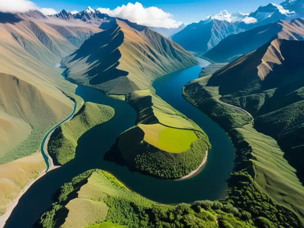 Biodiversidad fluvial en los Andes: un río serpenteante entre picos nevados, vegetación exuberante y paisaje rocoso