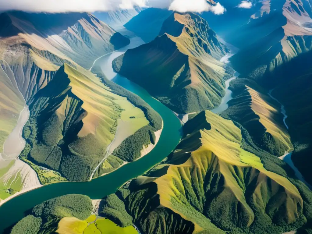 Biodiversidad fluvial en los Andes: Ríos serpenteantes entre montañas, reflejando picos nevados y valles verdes