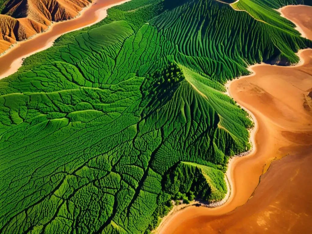 Formación de suelos en el Mediterráneo: Intrincadas formaciones terracota con contrastes de vegetación en un paisaje árido y soleado