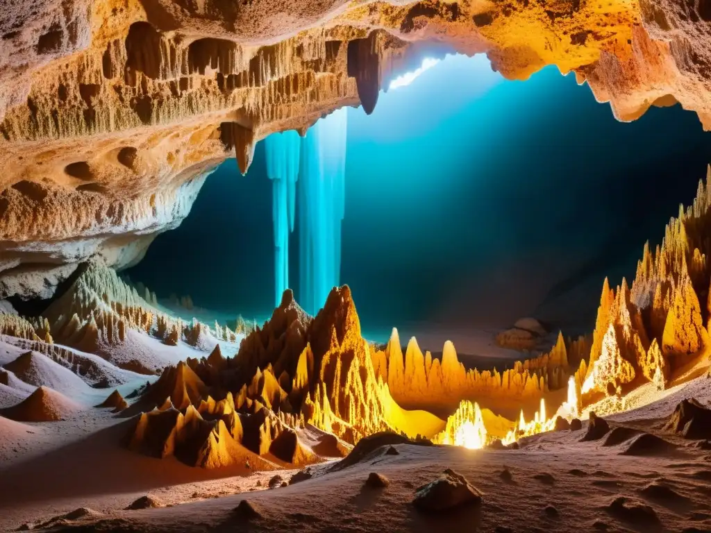 Formaciones geológicas en cámaras ocultas: una cueva subterránea llena de estalactitas y estalagmitas con juegos de luz y sombra, revelando su belleza y misterio