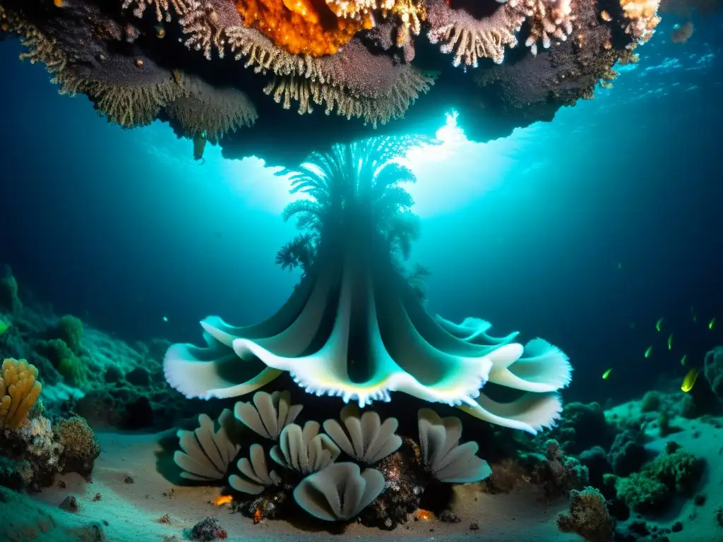 Biodiversidad en fosas abisales: Imagen impresionante de un respiradero hidrotermal en el fondo marino, rodeado de criaturas únicas y fascinantes