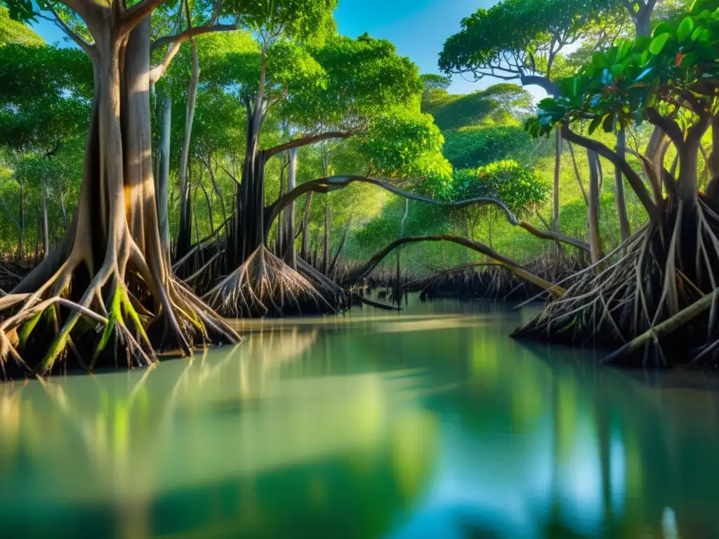 Composición fotográfica en humedales: Bosque de manglares tranquilo con árboles altos y raíces retorcidas, luz filtrada y aves en movimiento