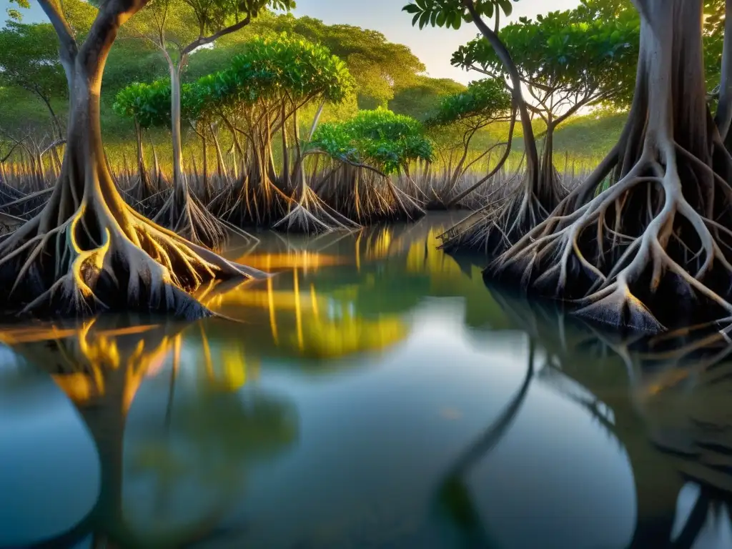 Composición fotográfica en humedales: Amanecer sereno en el bosque de manglares, con raíces doradas y agua tranquila