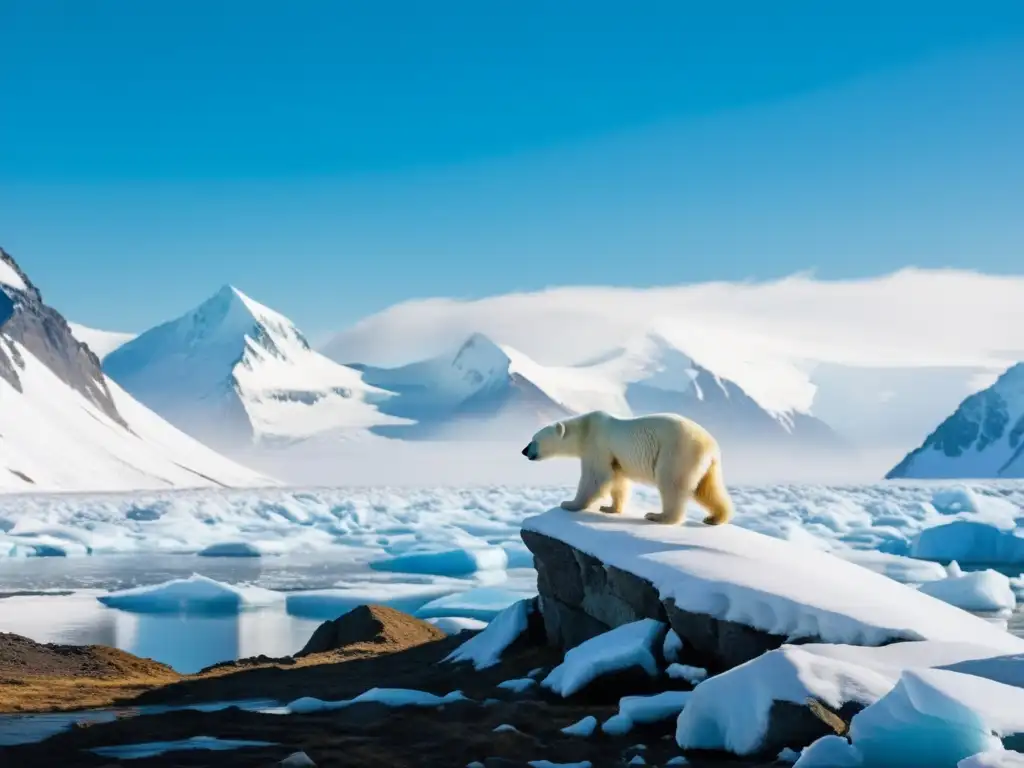 Un fotógrafo ajusta su cámara en un acantilado helado, capturando la majestuosidad de un oso polar en un paisaje extremo