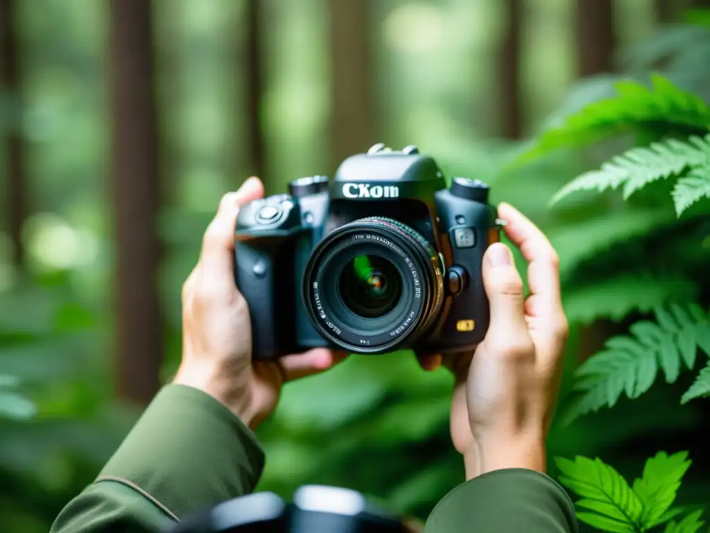 Un fotógrafo ajustando la cámara en un exuberante bosque