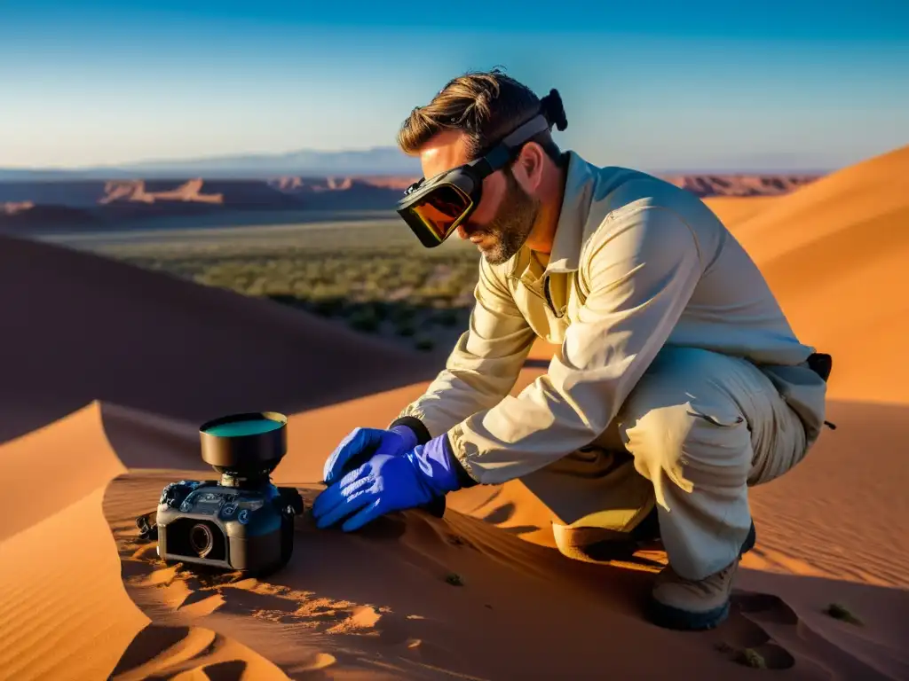 Un fotógrafo ajusta su cámara ultravioleta en un paisaje desértico, revelando la belleza oculta