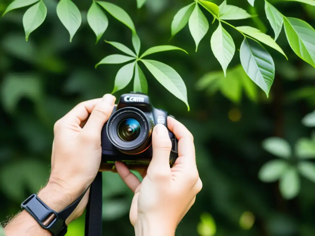 Un fotógrafo ajusta una correa de cámara ecológica en medio de un exuberante ecosistema