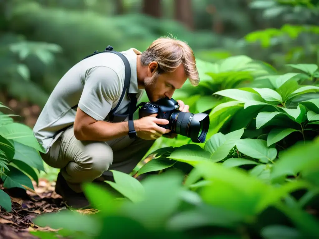 Fotógrafo ecológico ajustando equipo en bosque