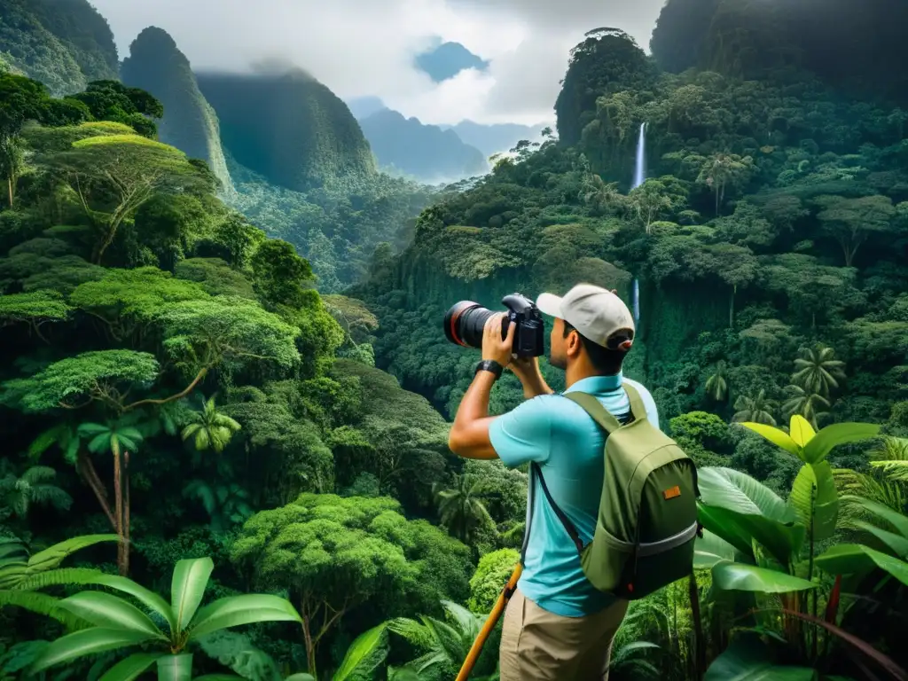 Un fotógrafo ajusta su equipamiento fotográfico ecológico para capturar la belleza de un bosque tropical intocado