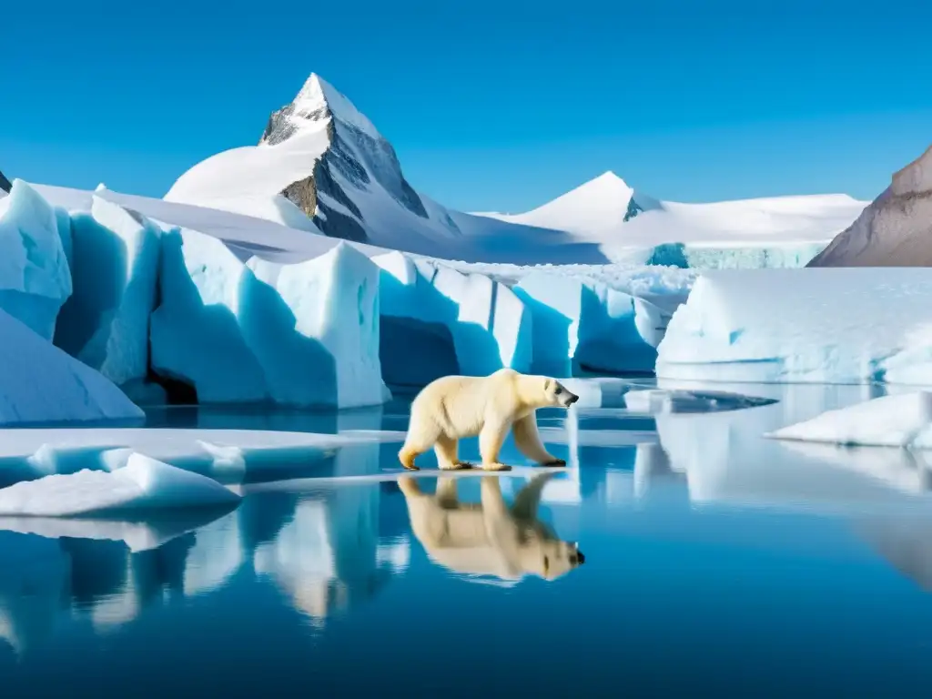 Un fotógrafo se encuentra en un glaciar, rodeado de imponentes formaciones de hielo y un paisaje de montañas nevadas y cielo azul