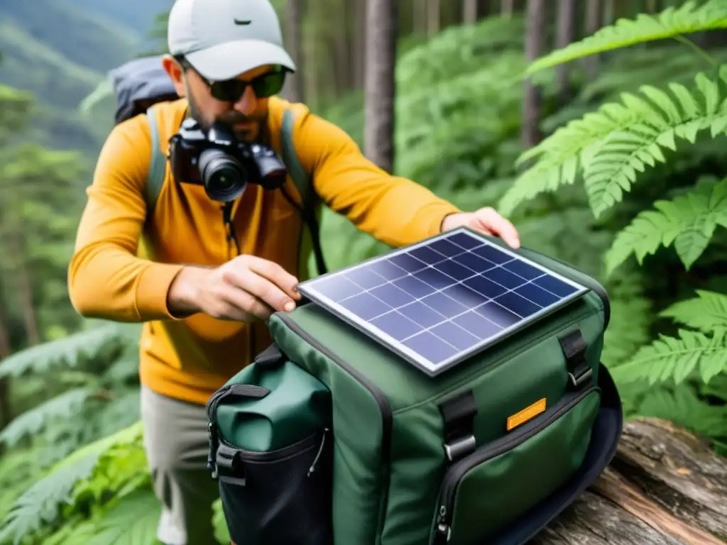 Un fotógrafo ajusta un panel solar en su mochila, fusionando tecnología ecofriendly con la naturaleza