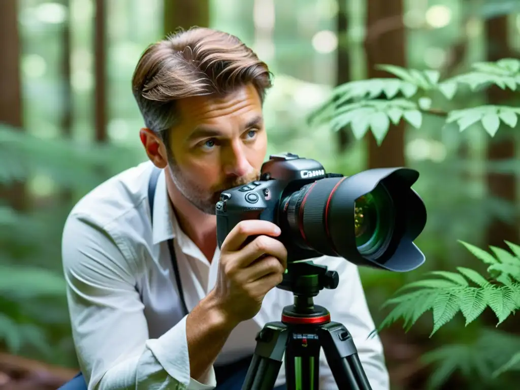 Un fotógrafo profesional ajusta con determinación su cámara en un trípode en un exuberante bosque