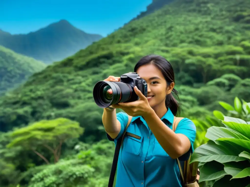 Un fotógrafo profesional captura un ecosistema intacto con equipamiento fotográfico ecológico para ecosistemas, resaltando la armonía natural