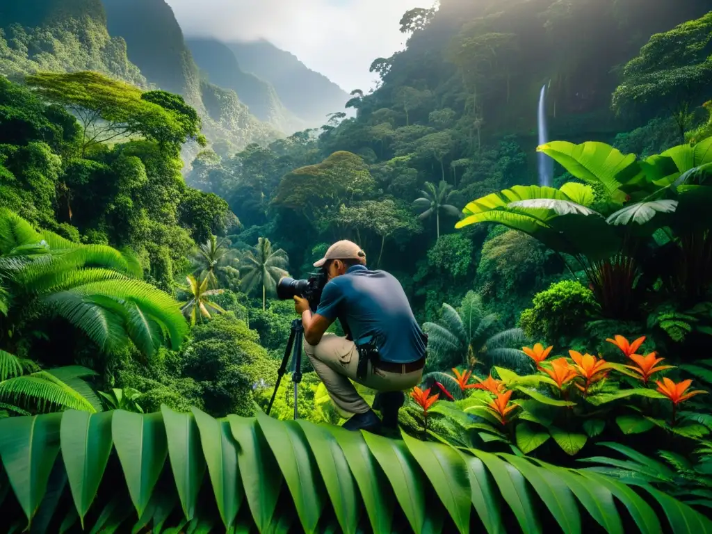 Un fotógrafo profesional ajusta su equipamiento fotográfico ecológico para ecosistemas en un exuberante y vibrante bosque tropical