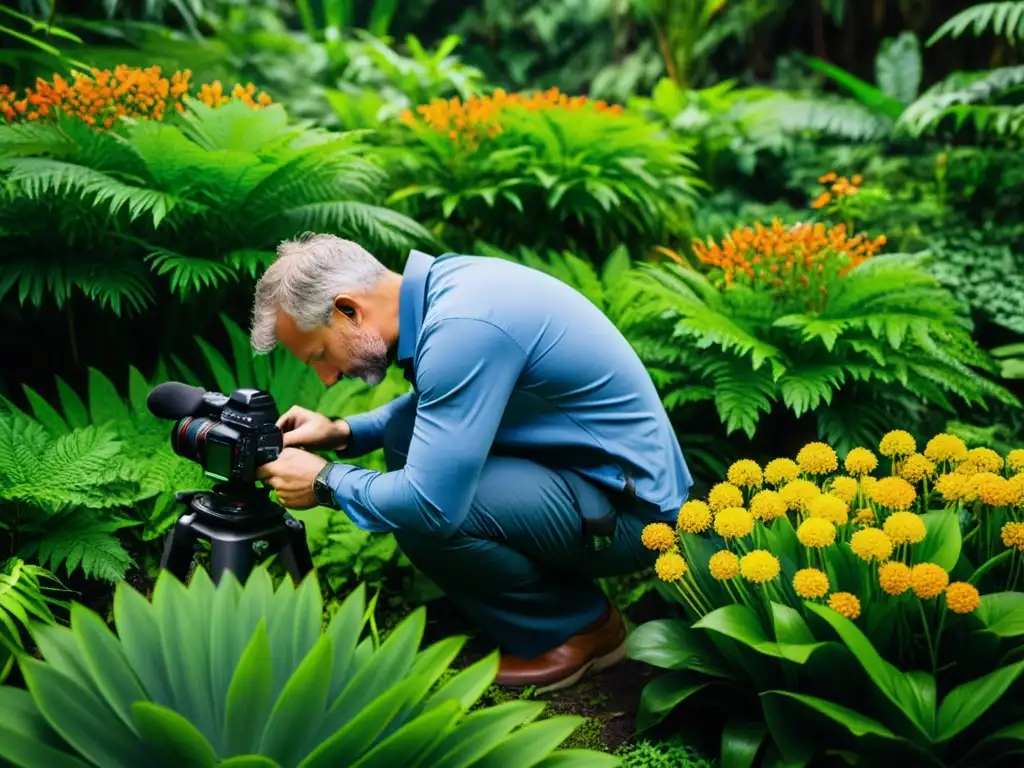 Un fotógrafo profesional ajusta su equipamiento fotográfico ecológico para ecosistemas en un entorno natural vibrante y exuberante