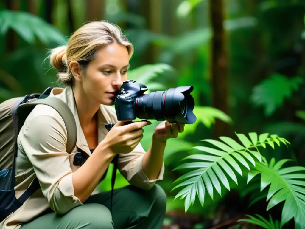 Un fotógrafo profesional configura su equipamiento fotográfico ecológico en la exuberante selva, en armonía con el entorno natural