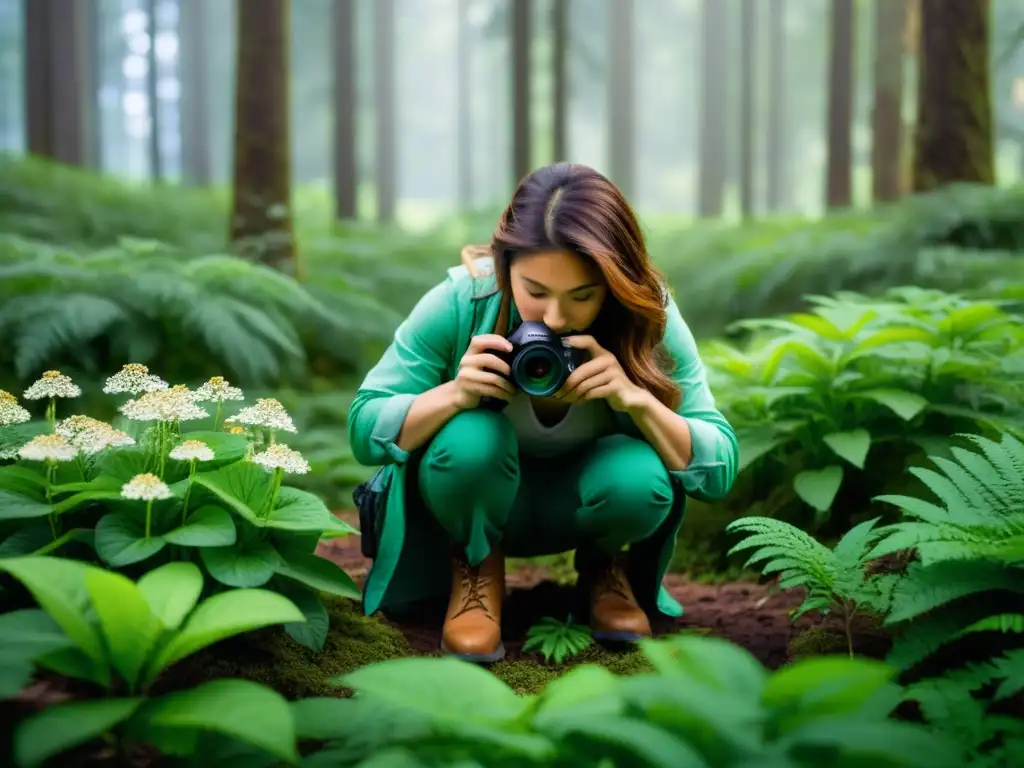 Un fotógrafo profesional ajusta su equipamiento fotográfico ecológico para capturar la belleza de la naturaleza en un bosque exuberante