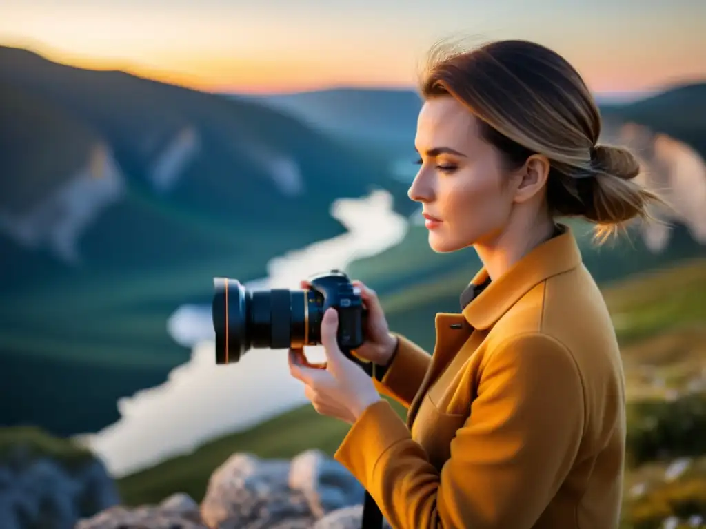 Un fotógrafo profesional coloca un filtro de densidad neutra graduado en su lente, capturando la belleza natural al atardecer