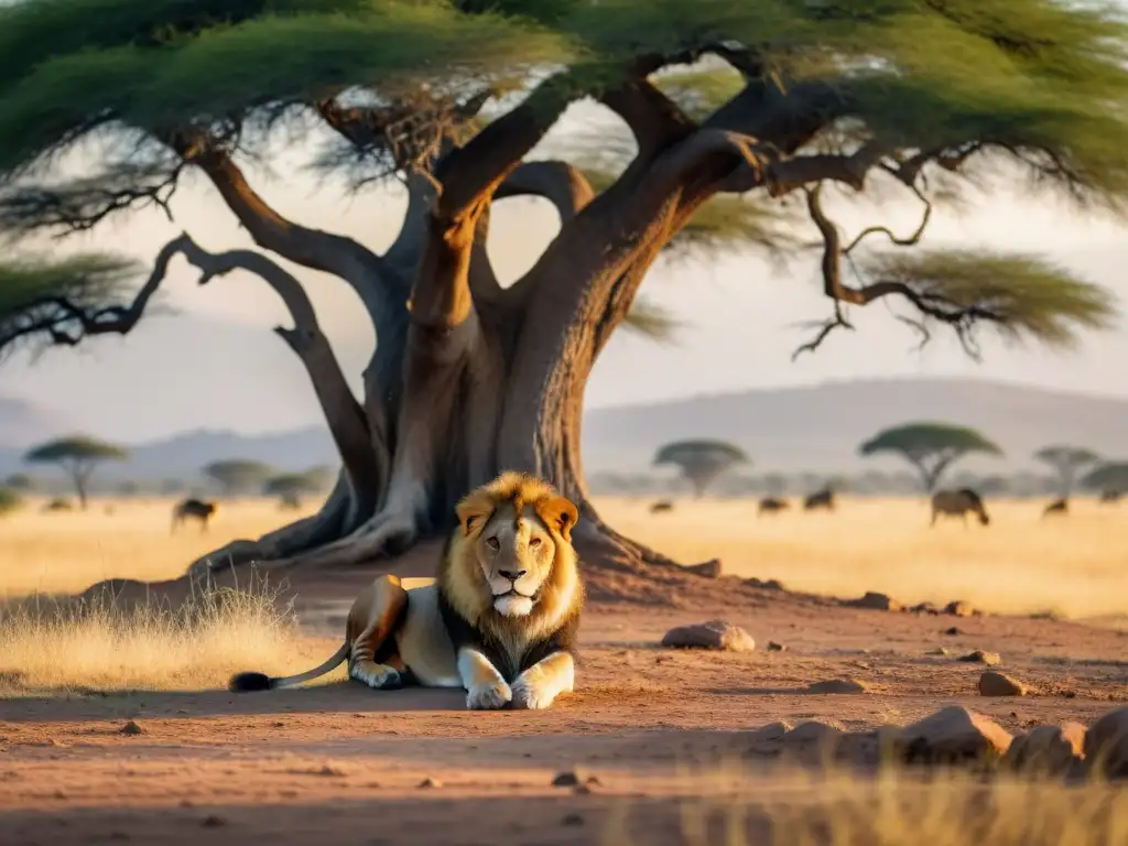 Un fotógrafo en safari fotográfico en la sabana africana, capturando una imagen estable y clara de un majestuoso león bajo un árbol acacia