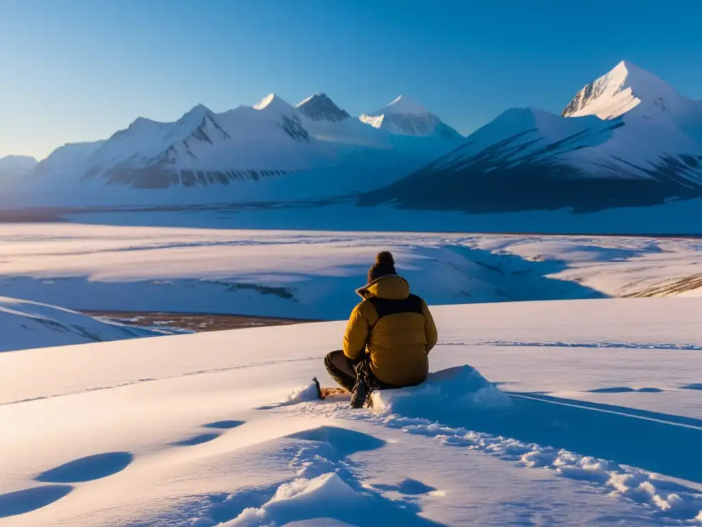 Un fotógrafo solitario ajustando la cámara en la tundra extrema al atardecer