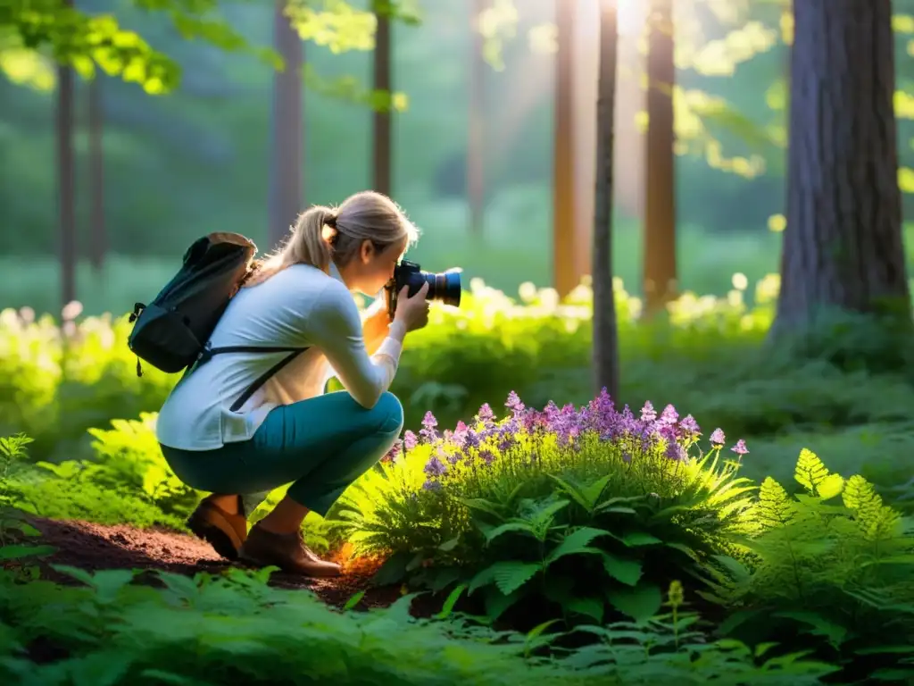 Fotógrafo ajustando trípode para capturar flor silvestre en el bosque